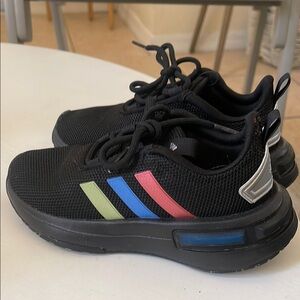 Like NEW Adidas Kids' Black Sneakers with Colorful Stripes worn once!